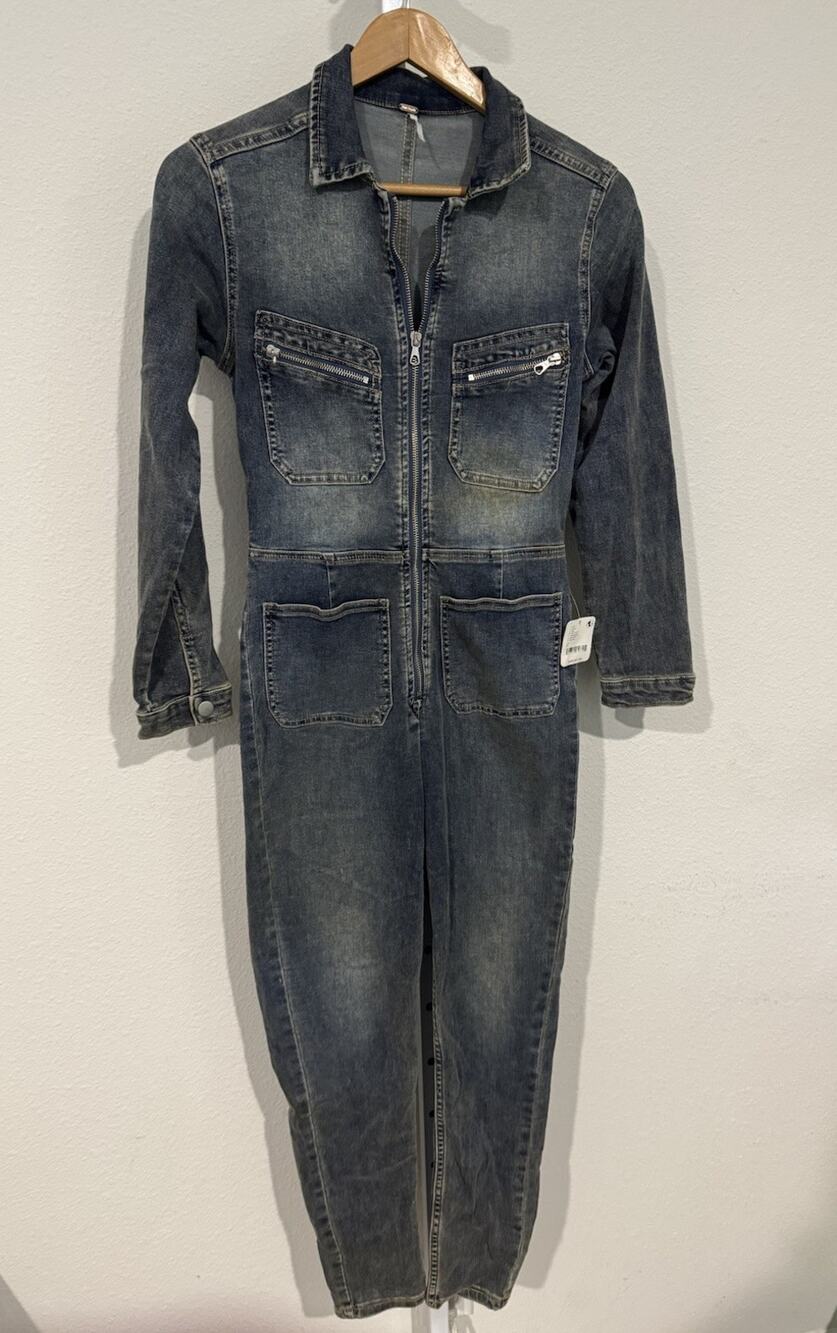 Free People Stretch Denim Jumpsuit Women's Size S Coveralls Dirty Blue Finish